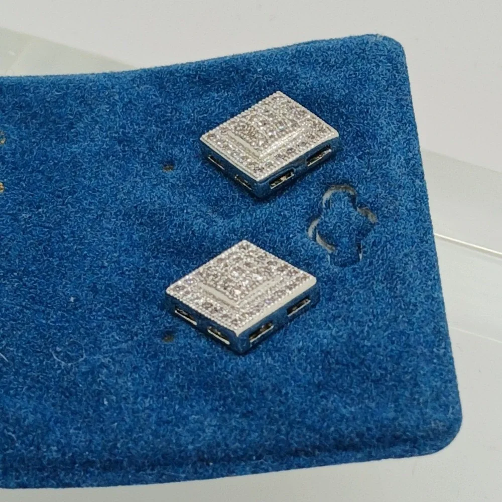 Vintage 1990s Square Micro Pave Cubic Zirconia Stud Earrings Silver‎ Tone Rare